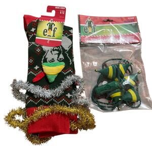 Buddy Elf Christmas Movie lot Light Up Hats Necklace garland 3D crew socks